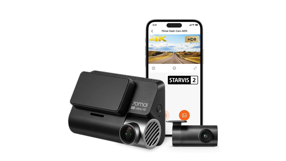70mai A810 4K dash cam with RC12 rear camera and the 70mai app showing 4K HDR and STARVIS 2