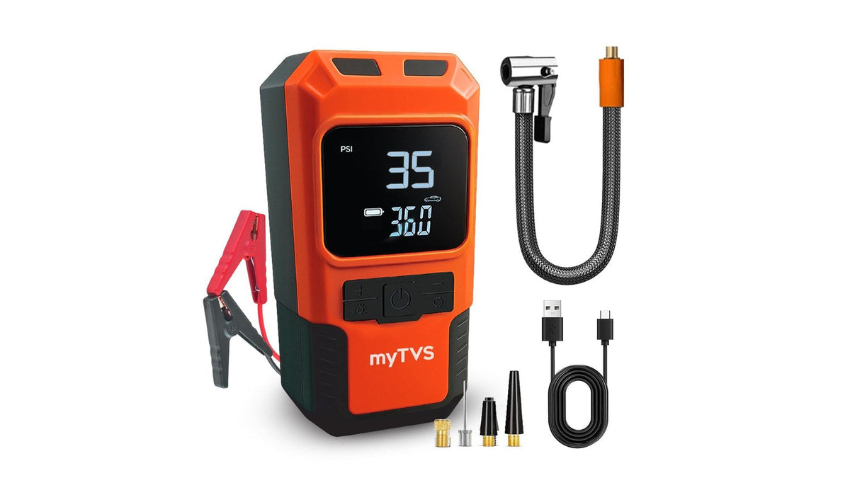 myTVS JS-1 portable jump starter with red and black clamps, tyre inflator hose, nozzle adapters and USB-C cable