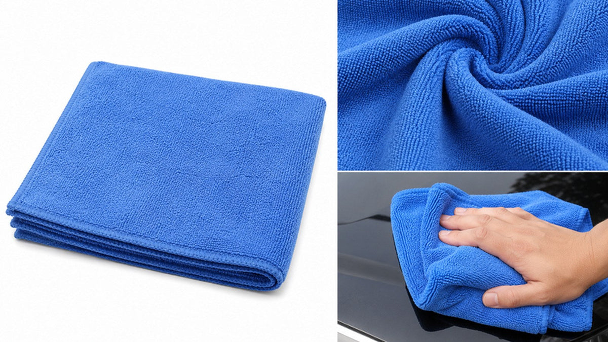 Blue microfiber car cleaning cloth shown folded, in close-up of its pile, and being used by hand on a dark car bonnet