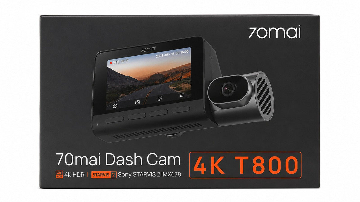 70mai 4K T800 dash cam retail box showing the camera screen with a recording date and time stamp, the detail that matters when dash cam footage is used as evidence in India