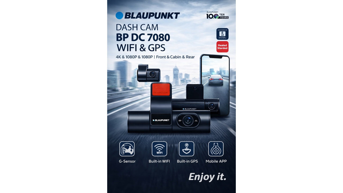 Blaupunkt BP DC 7080 dash cam with built-in GPS, shown with front, cabin and rear cameras and the mobile app