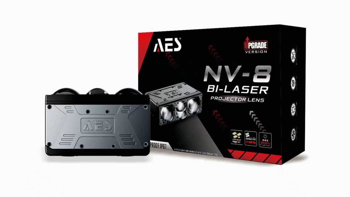 AES NV-8 Bi-Laser projector lens unit beside its retail box, the kind of laser-labelled lamp discussed in this fog lamp guide