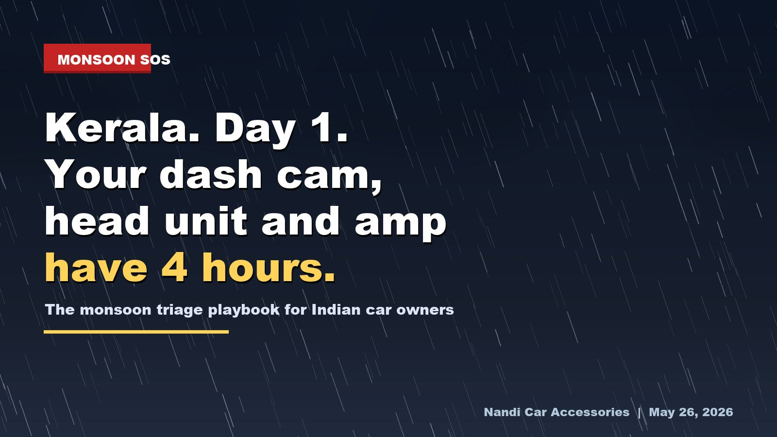 Monsoon SOS car electronics India 2026 - dash cam head unit reverse camera amplifier 4-hour triage playbook