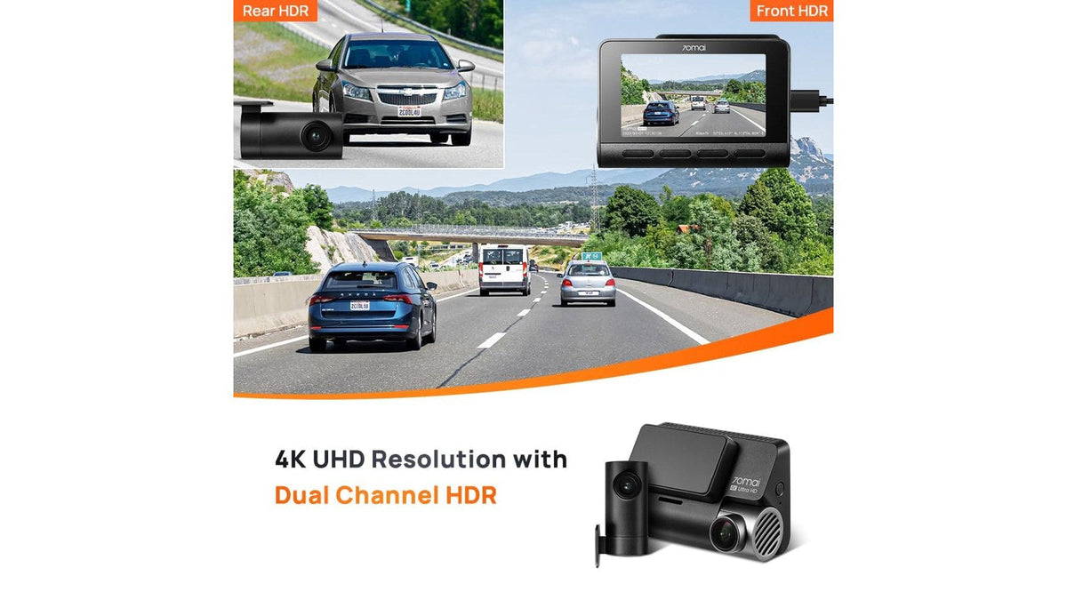 70mai A810 dual channel dash cam with front and rear cameras recording highway traffic with visible number plates