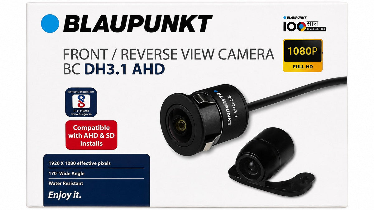 Blaupunkt BC DH3.1 AHD front and reverse view camera retail box, marked compatible with AHD and SD installs