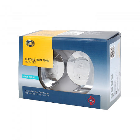 HELLA Chrome Trumpet Horn Set – Universal Twin Tone Car (12V, 112dB)