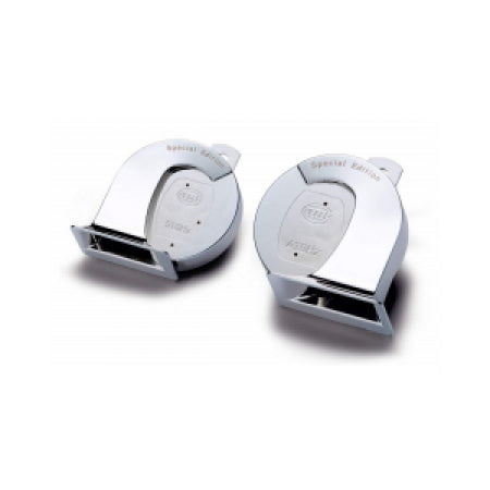 HELLA Chrome Trumpet Horn Set – Universal Twin Tone Car (12V, 112dB)