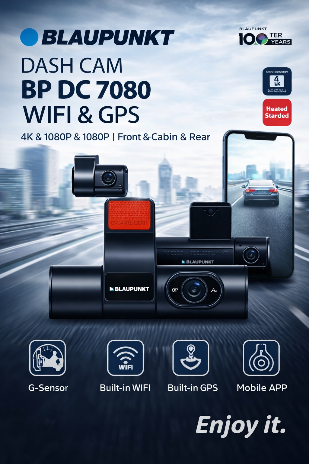 Blaupunkt BP DC 7080Dash Cam - WiFi & GPS (Front + Cabin + Rear Recording)