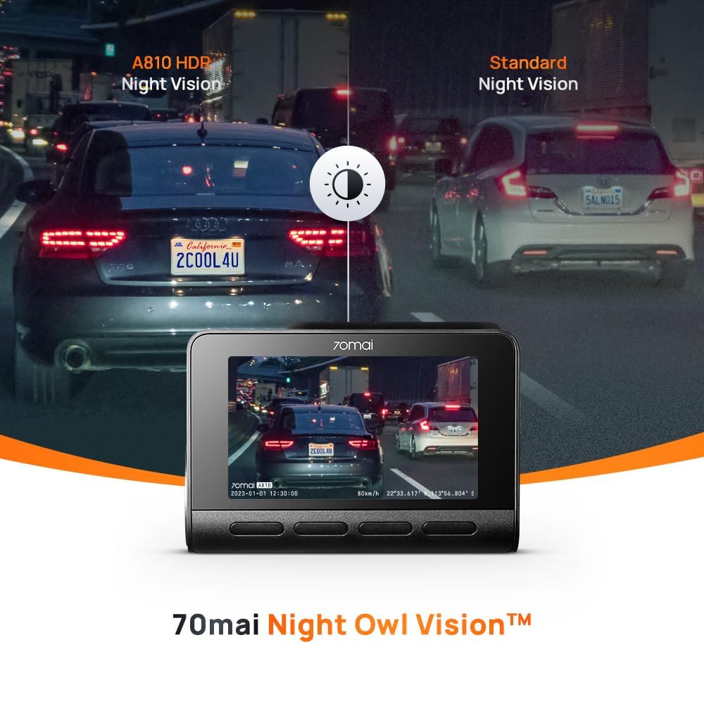 70mai A810 Night Owl Vision showing clear license plate detail at night.