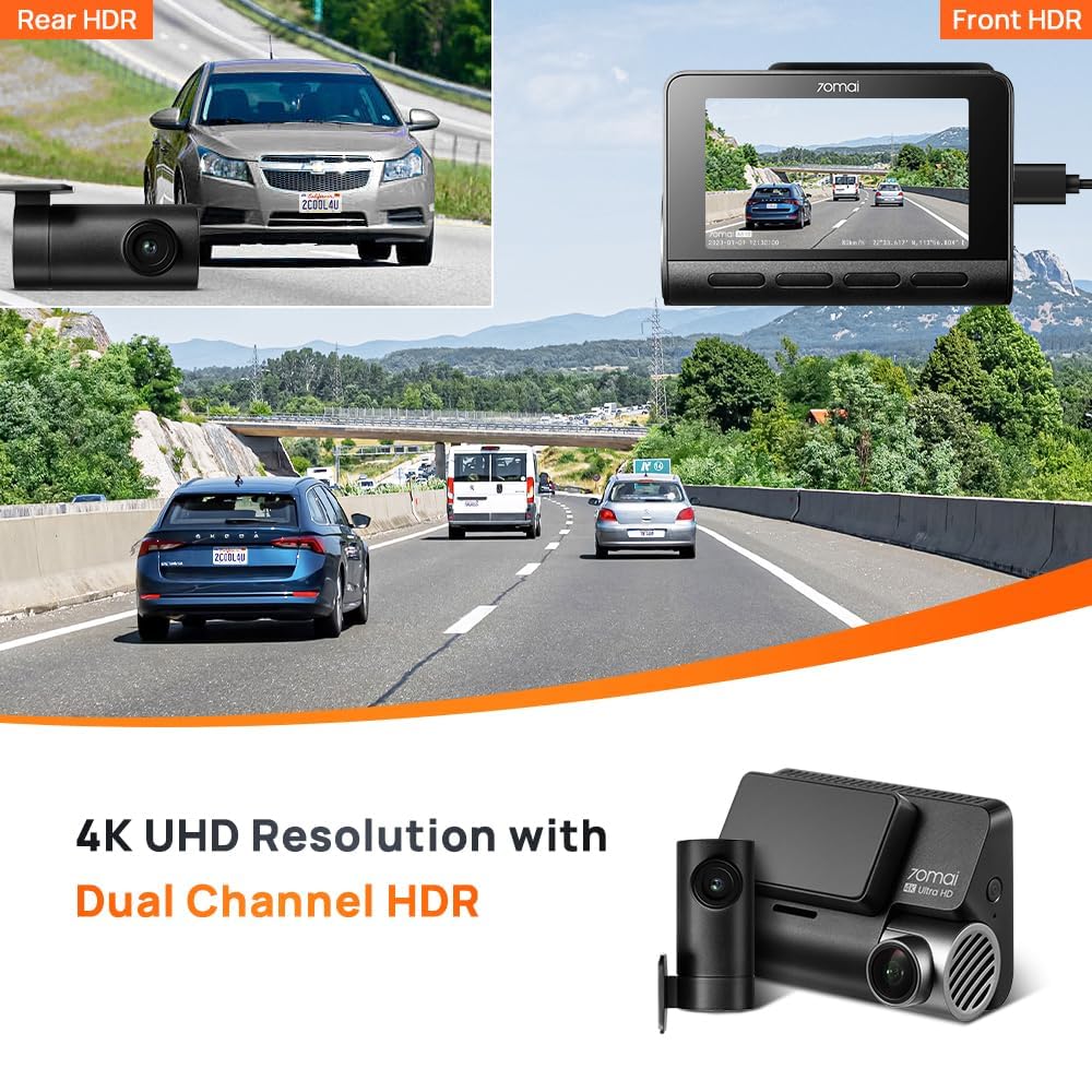 Dual channel 70mai A810 recording front 4K and rear 1080P HDR footage