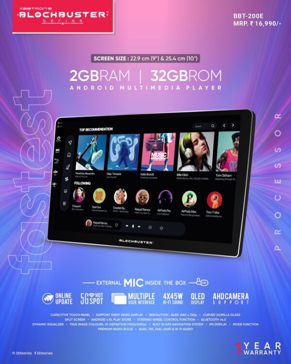 Abbtron Blockbuster BBT-200E Android Multimedia Player – 9" QLED HD Display, 2GB RAM, 32GB ROM