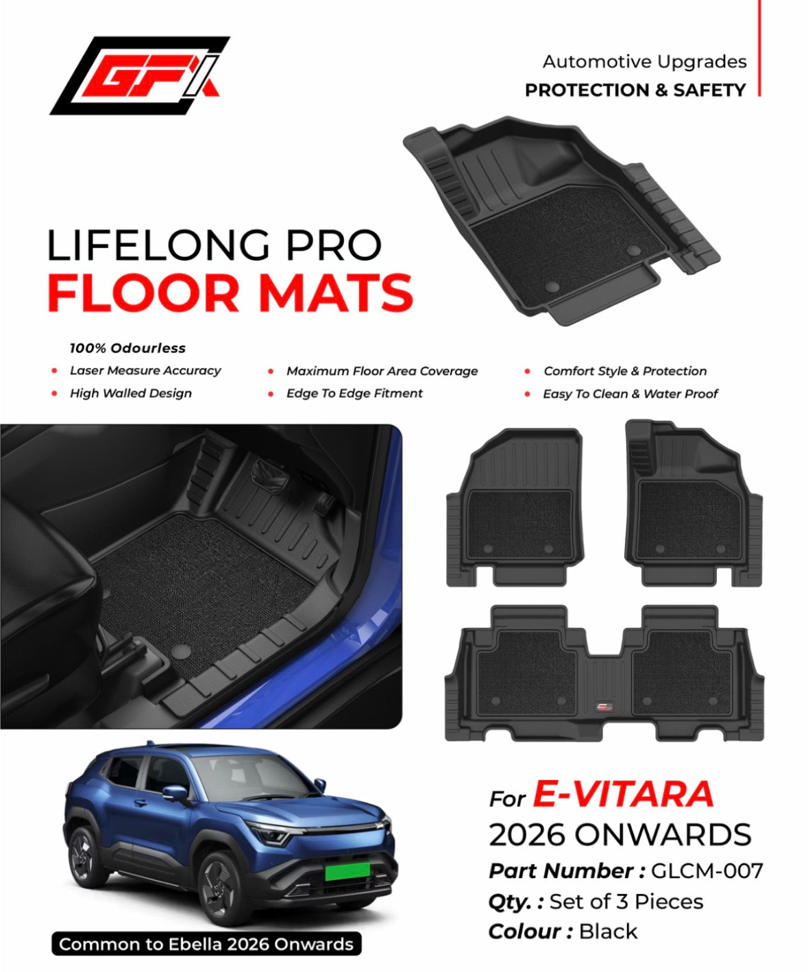 GTI Lifelong Pro Floor Mats for Maruti Suzuki e Vitara (2026 Onwards) | Premium Waterproof Car Floor Mat Set - Black