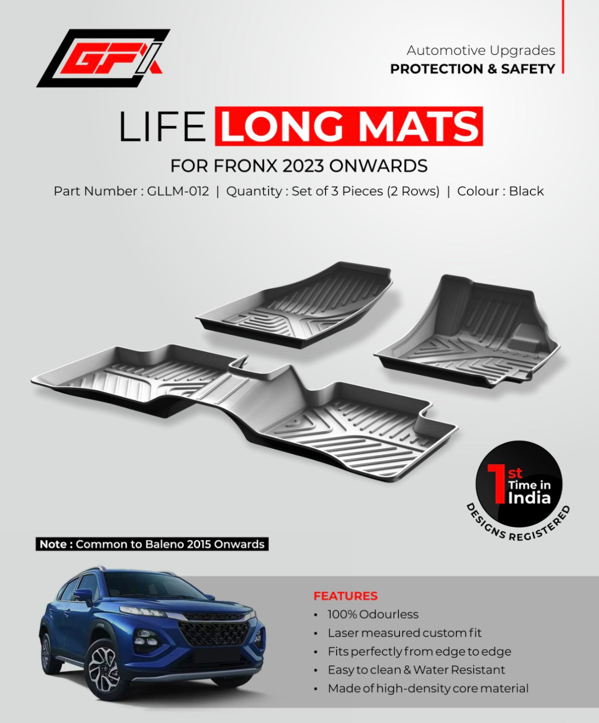GTI Life Long 7D Floor Mats for Maruti Suzuki Fronx (2023 Onwards) | Premium Waterproof Custom Fit Car Floor Mat Set - Black