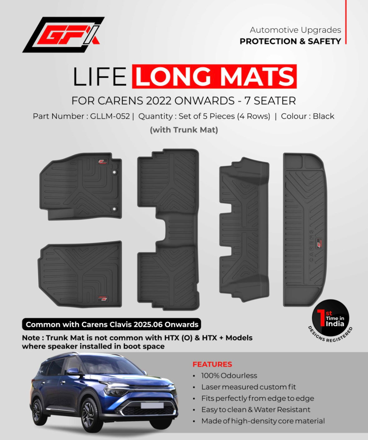 GFX Life Long Floor Mats for Kia Carens 2022 Onwards (7 Seater) | Custom Fit Waterproof Car Mats with Trunk Mat
