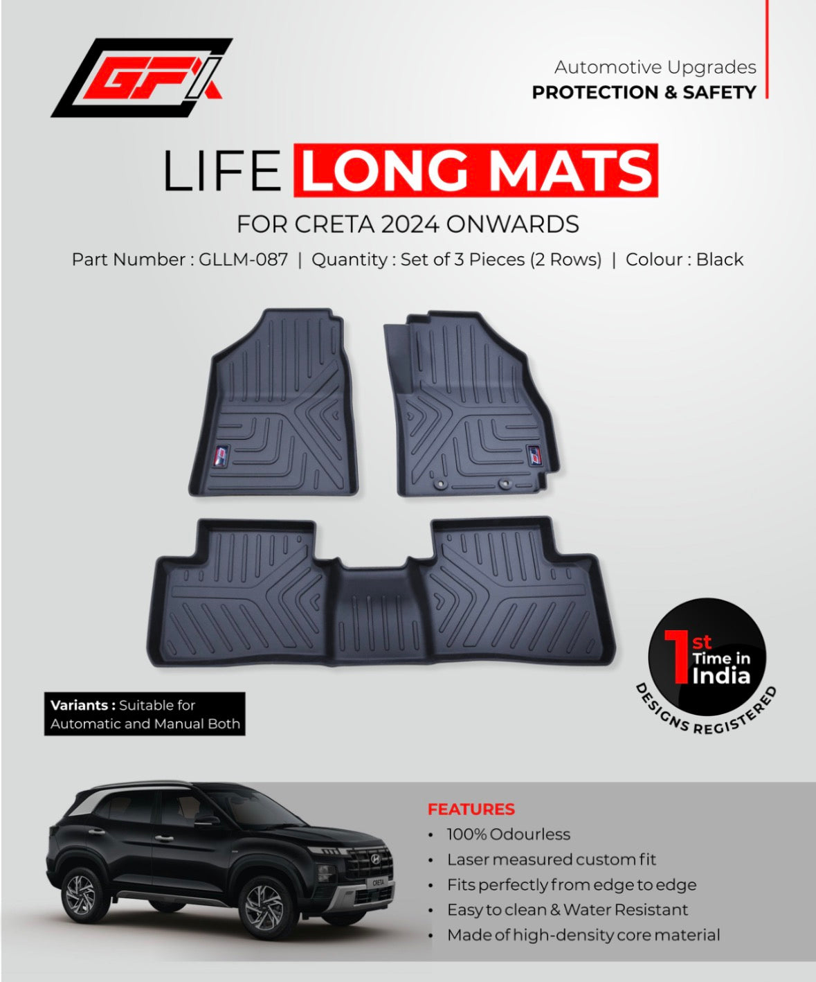 GFX Life Long 7D Floor Mats for Hyundai Creta 2024 Onwards | Custom Fit Waterproof Car Floor Mats (Set of 3)