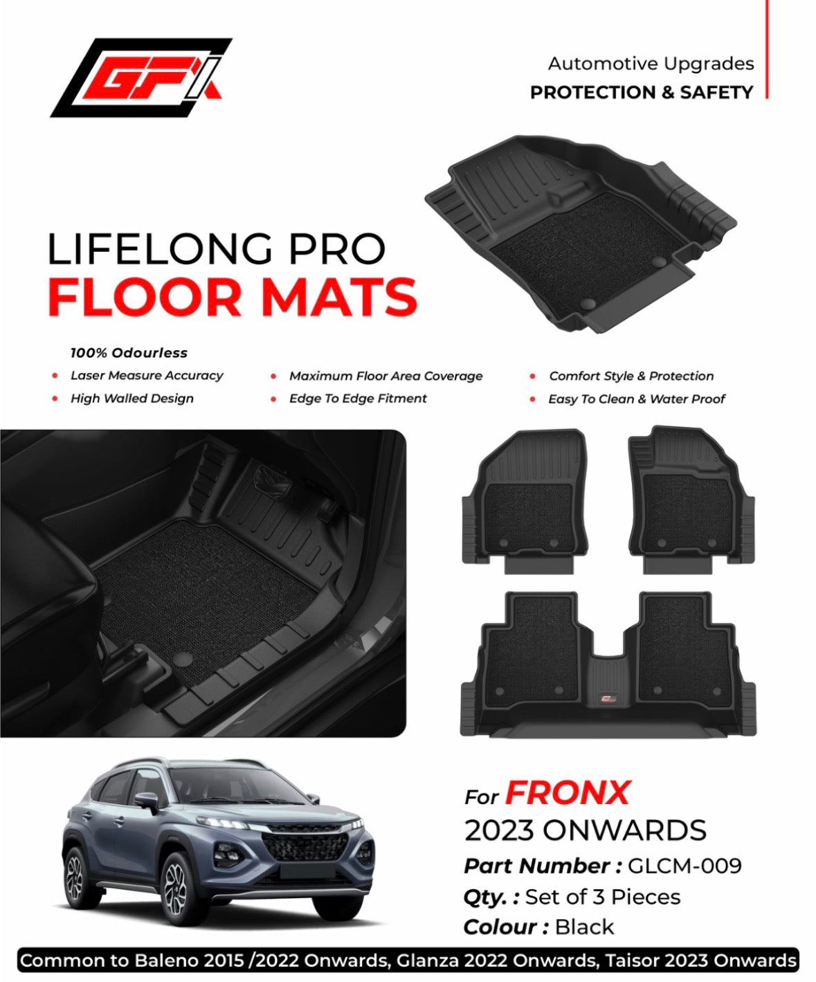 GFX Lifelong Pro 3D Floor Mats for Maruti Suzuki Fronx 2023+ | Custom Fit Black Car Floor Mat Set