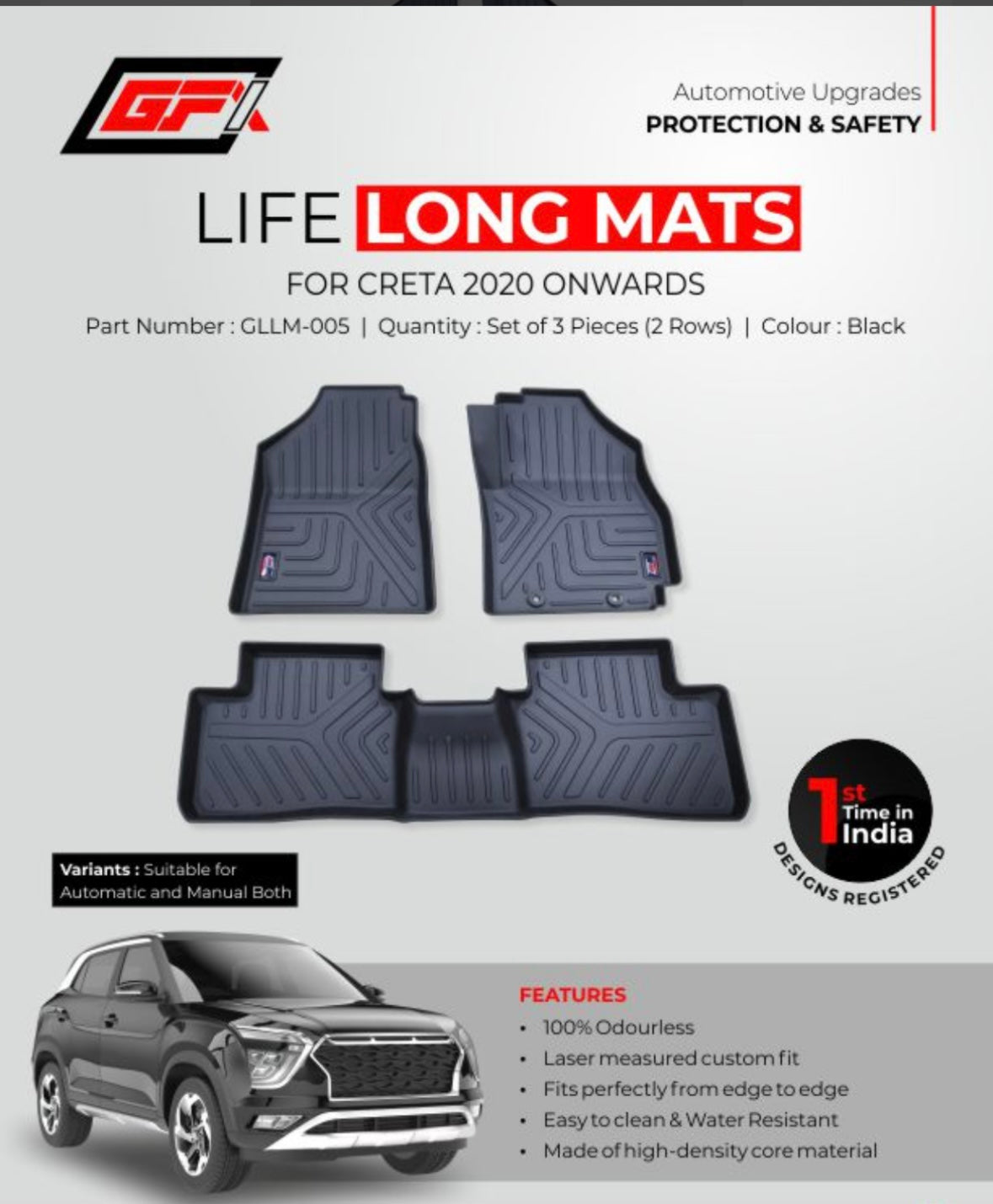 GFX Life long Floor Mats for Hyundai Creta 2020 Onwards | Custom Fit Waterproof Car Floor Mats (Set of 3)