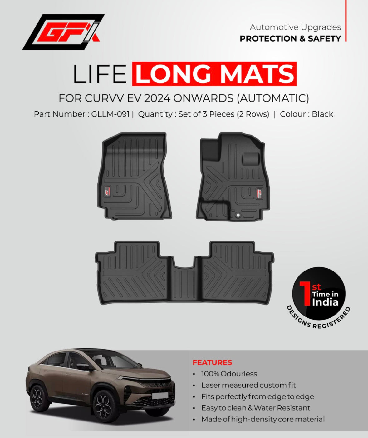 Life Long 7D Floor Mats for Tata Curvv EV Automatic (2024 Onwards) | Premium Waterproof Custom Fit Car Floor Mat Set - Black
