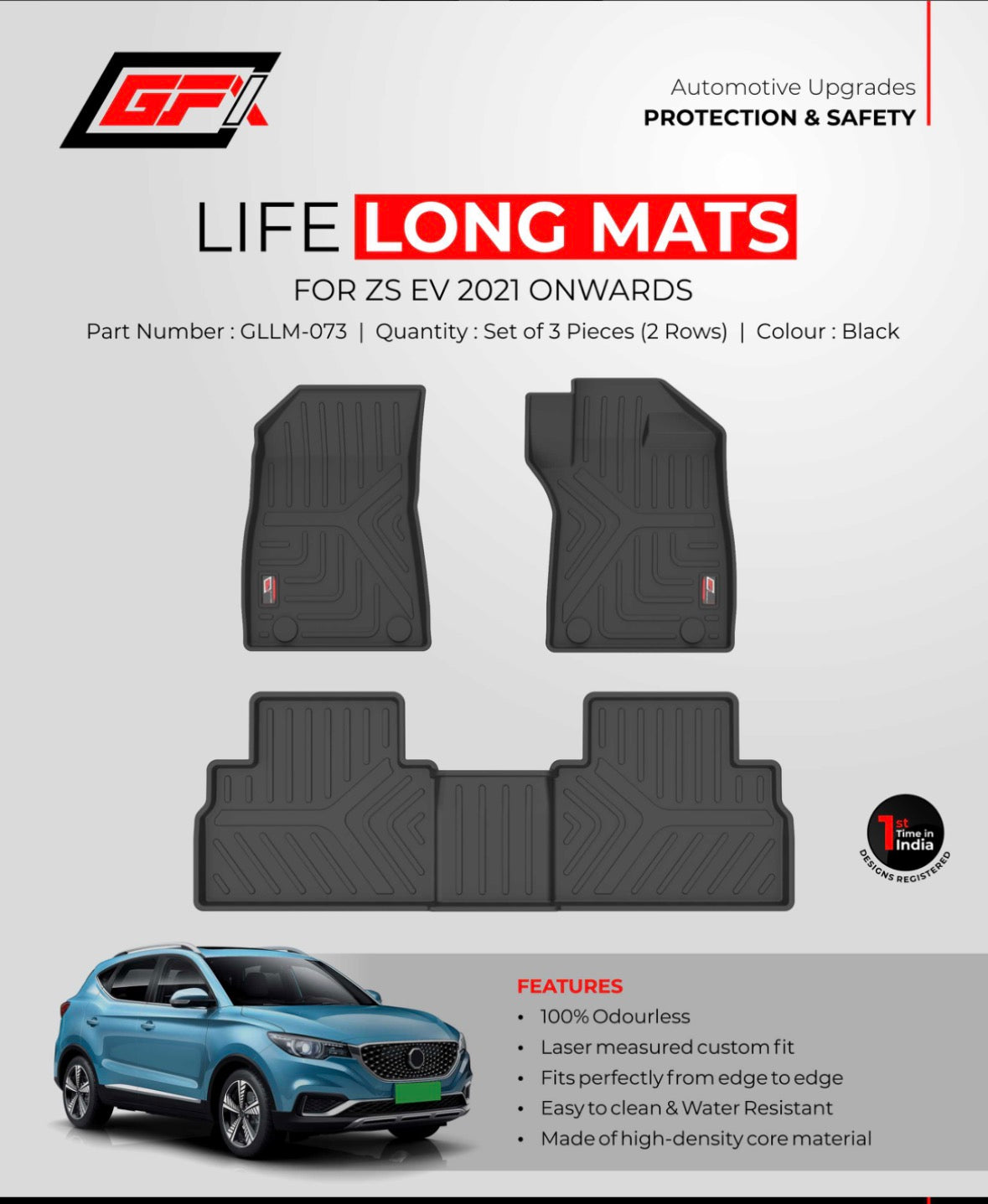 GTI Life Long 7D Floor Mats for MG ZS EV (2021 Onwards) | Premium Waterproof Custom Fit Car Floor Mat Set - Black