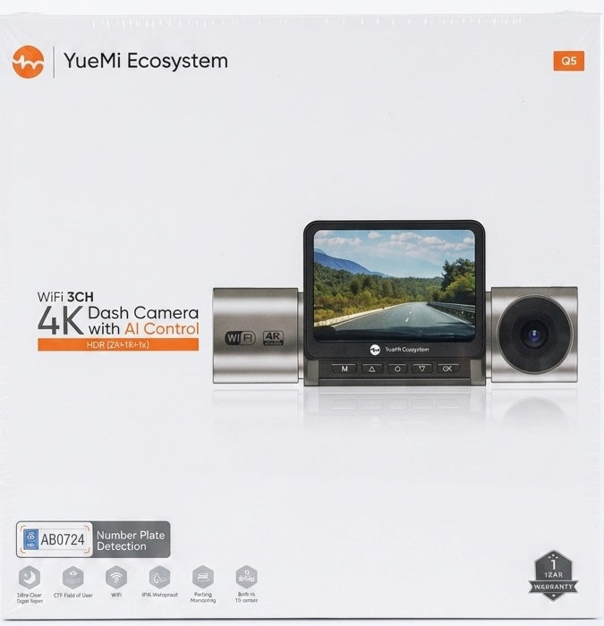 YueMi Ecosystem Q5 3-Channel 4K Dash Camera with AI Control & Mobile App Connectivity (Ultra HD, Triple-View Recording)