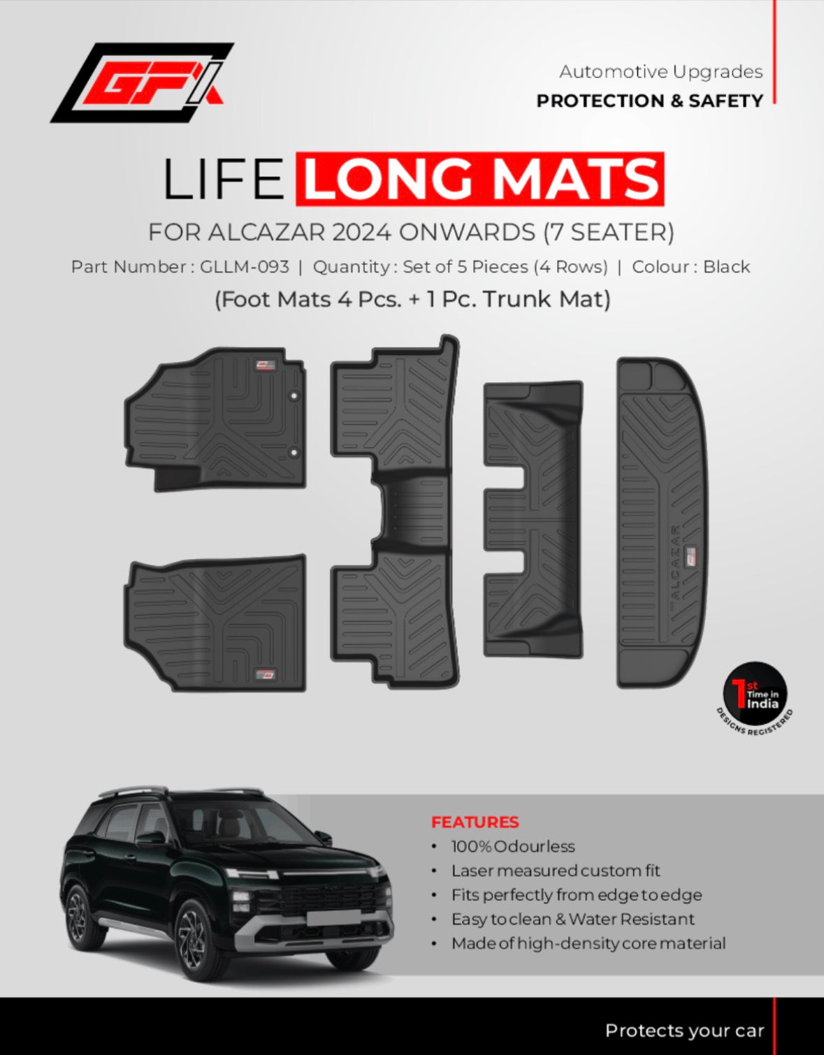 GFX Life Long Floor Mats for Hyundai Alcazar 2024 Onwards (7 Seater) | Custom Fit Waterproof Car Mats with Trunk Mat