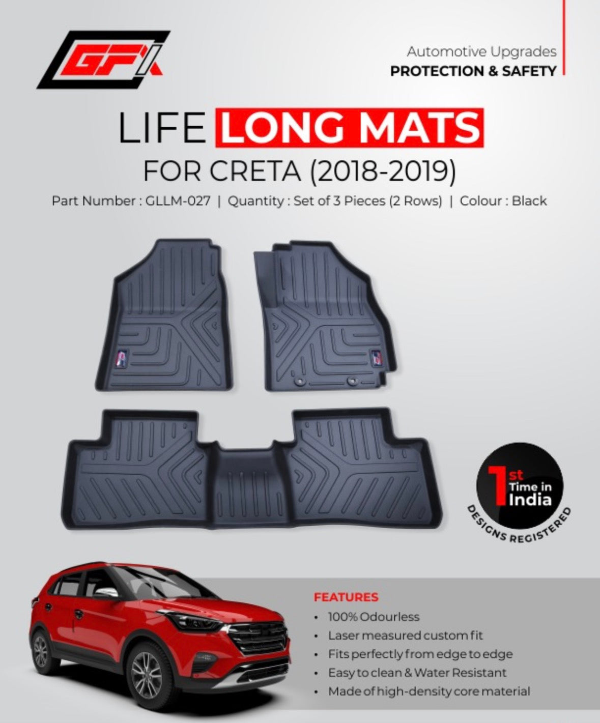 GFX Life Long Floor Mats for Hyundai Creta 2018–2019 | Custom Fit Waterproof Car Floor Mats (Set of 3)