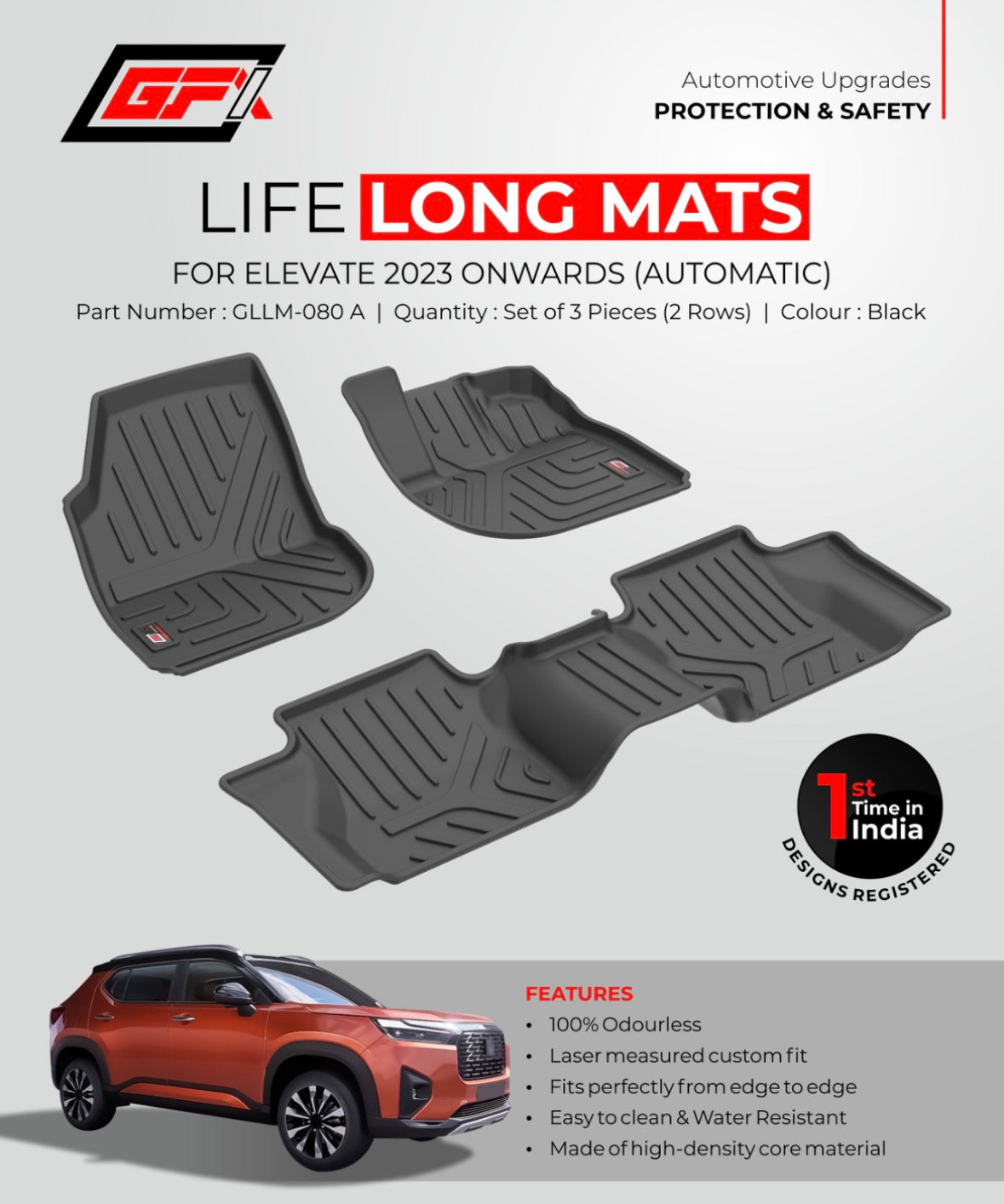 GFX Life Long 3D Car Floor Mats for Honda Elevate 2023 Onwards Automatic | Custom Fit | Black | Set of 3