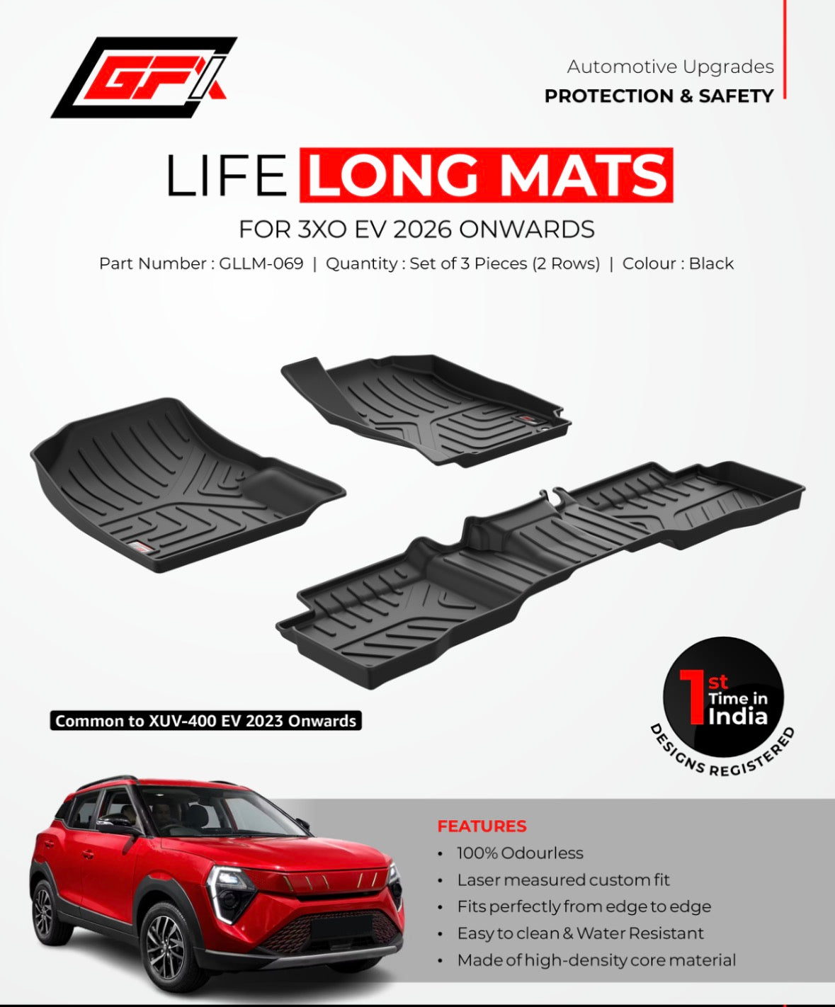 GTI Life Long 7D Floor Mats for Mahindra XUV 3XO EV (2026 Onwards) | Premium Waterproof Custom Fit Car Floor Mat Set - Black