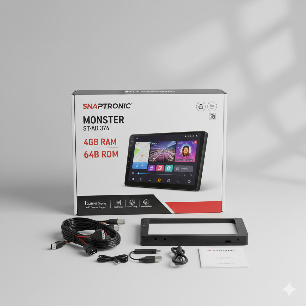 Snaptronic Monster ST-AD 374 Android Car Player – 9" QLED Display, 4GB RAM, 64GB ROM