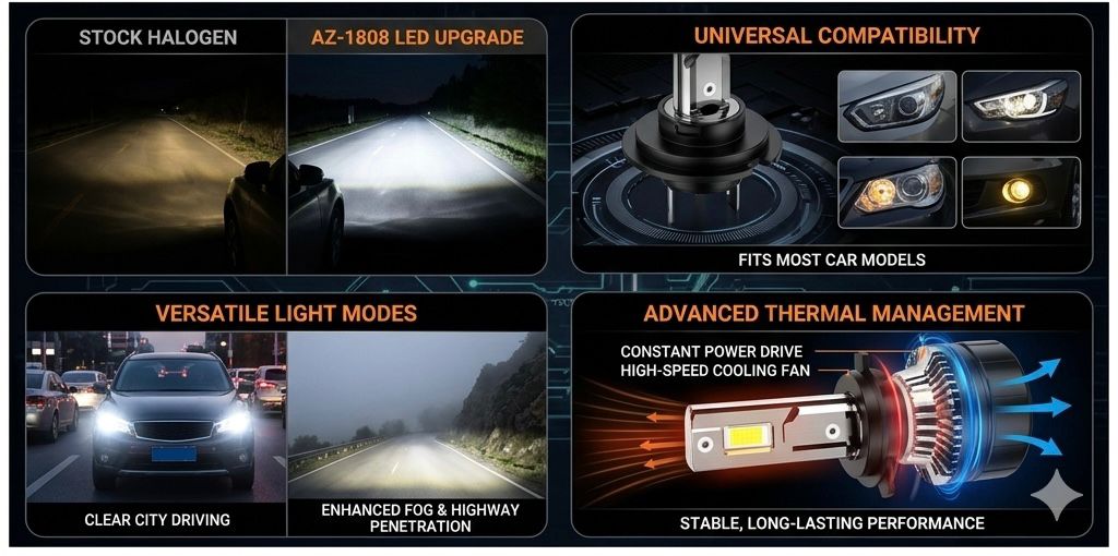 Aozoom AZ-1808 High Power LED Headlights | 180W 90x2, 16800 Lumens | Constant Power Drive & Advanced Thermal Fan, Universal Fit