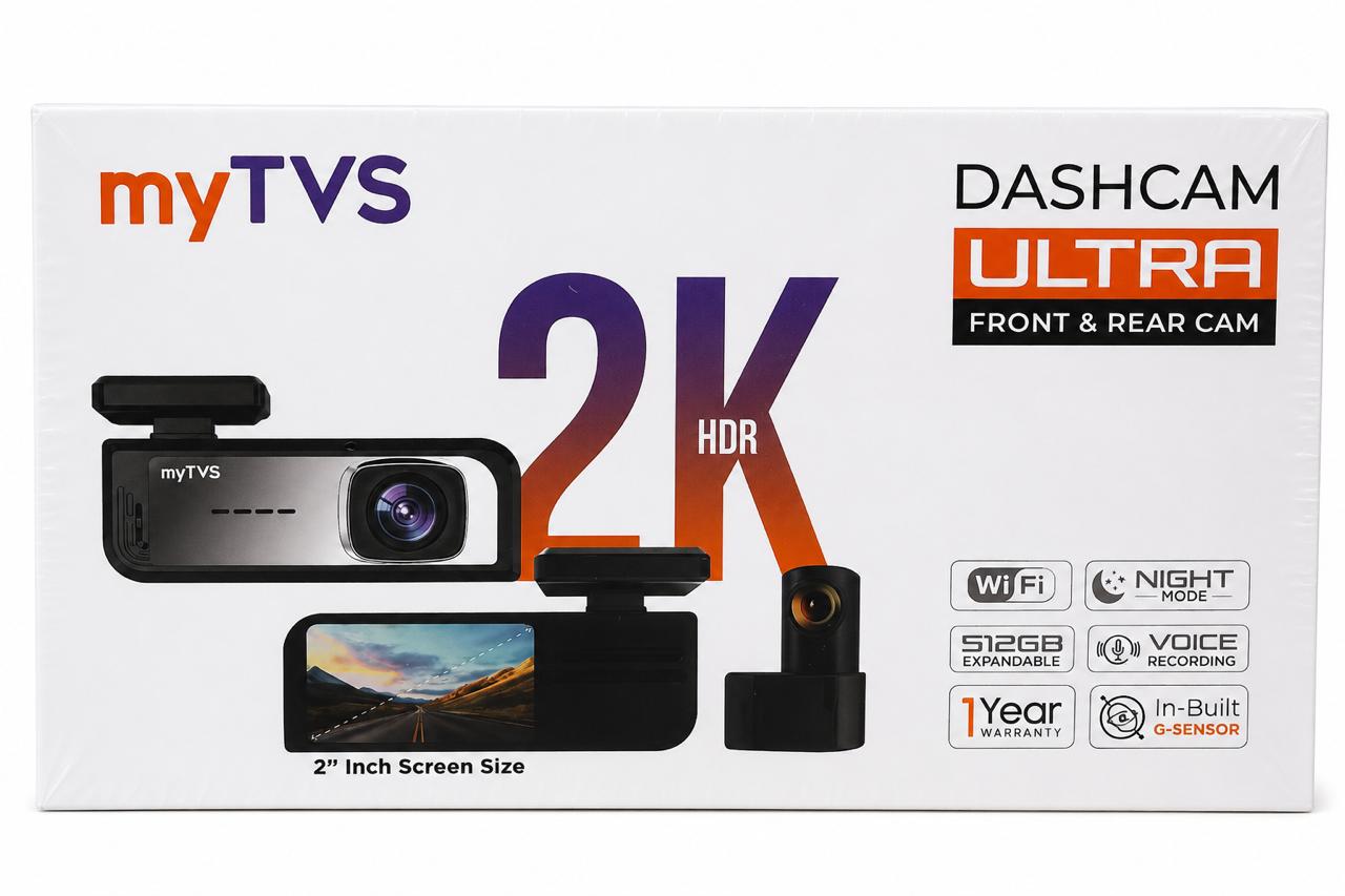 myTVS Dashcam Ultra – 2K HDR Dual Channel (Front & Rear) Car Dash Camera