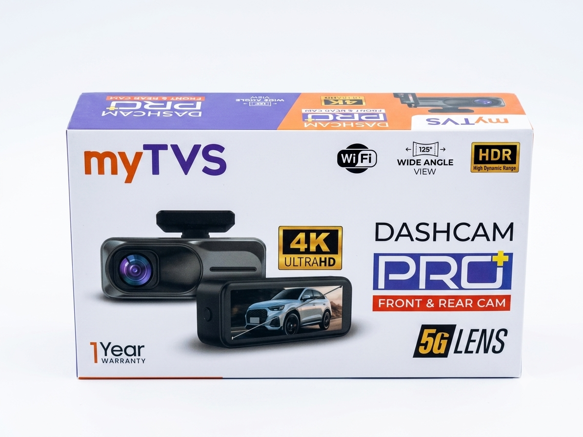 myTVS Dashcam Pro+ 4K Ultra HD Front & Rear Dual Car Camera | 5G Lens, 125° Wide Angle View, Wi-Fi & HDR | 1-Year Warranty