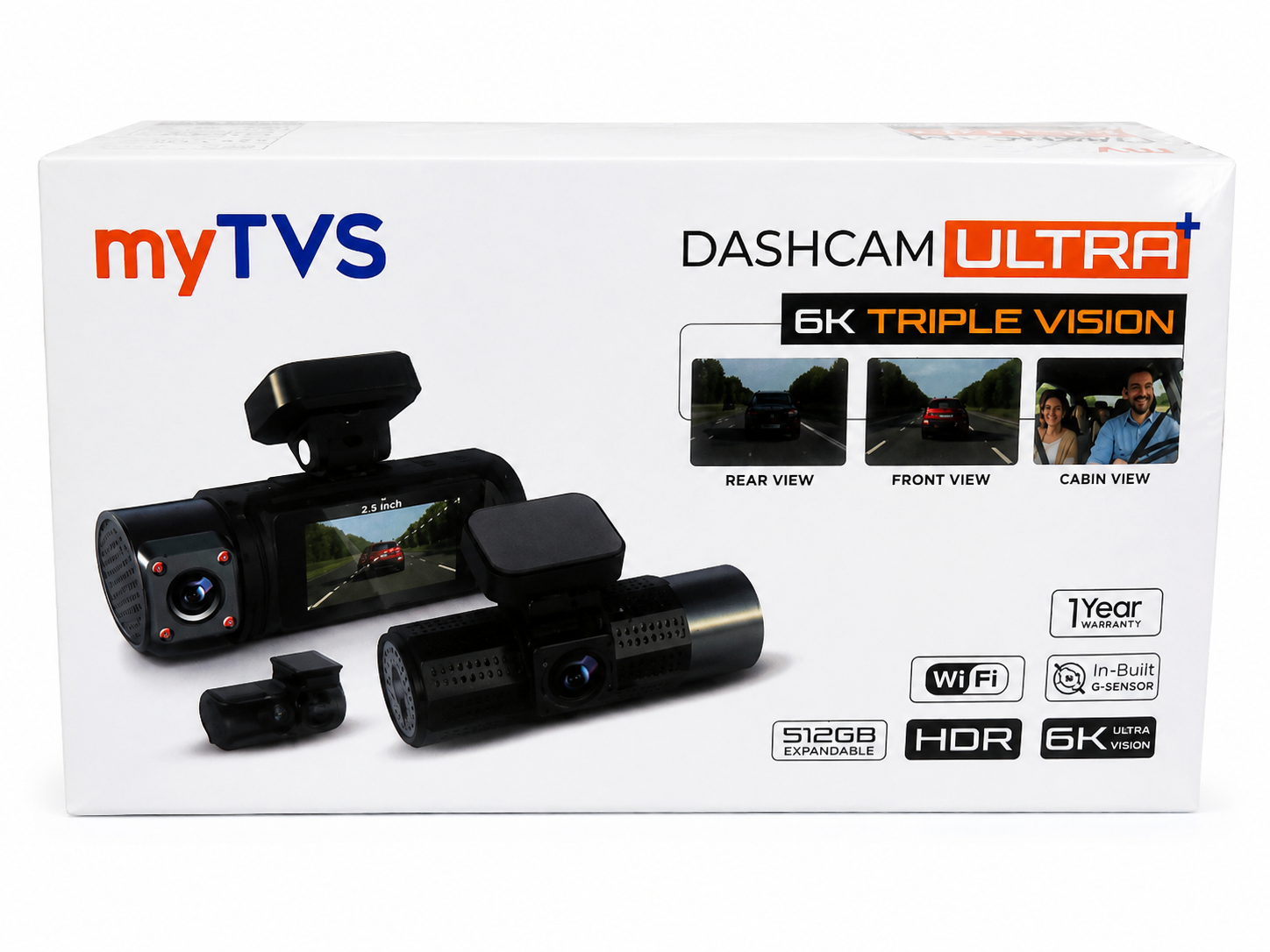 myTVS Dashcam Ultra+ 6K Triple Vision | 3 Channel Car Dash Camera with WiFi, HDR & G-Sensor