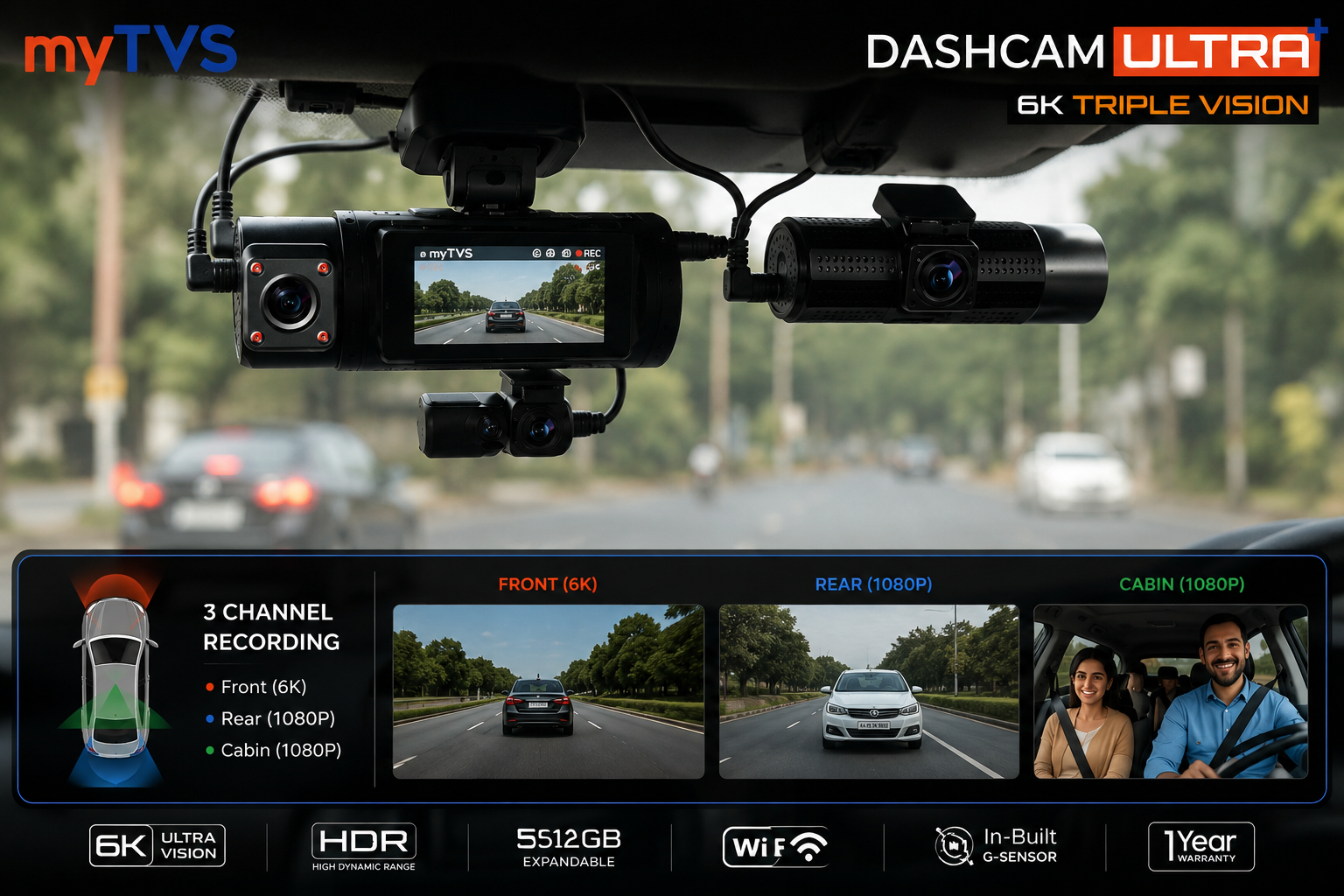 myTVS Dashcam Ultra+ 6K Triple Vision | 3 Channel Car Dash Camera with WiFi, HDR & G-Sensor