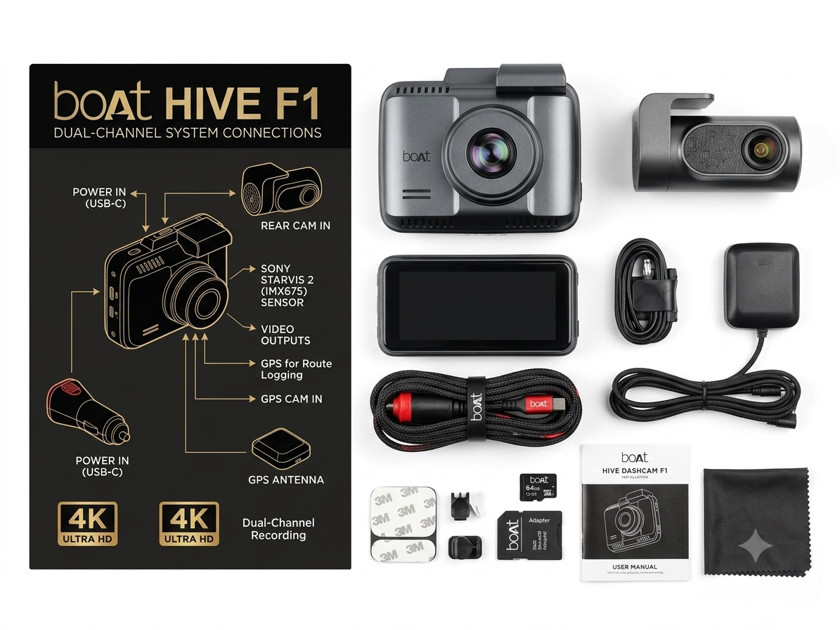 boAt Hive Dashcam F1 - 4K Ultra HD Dual-Channel Car Dash Camera