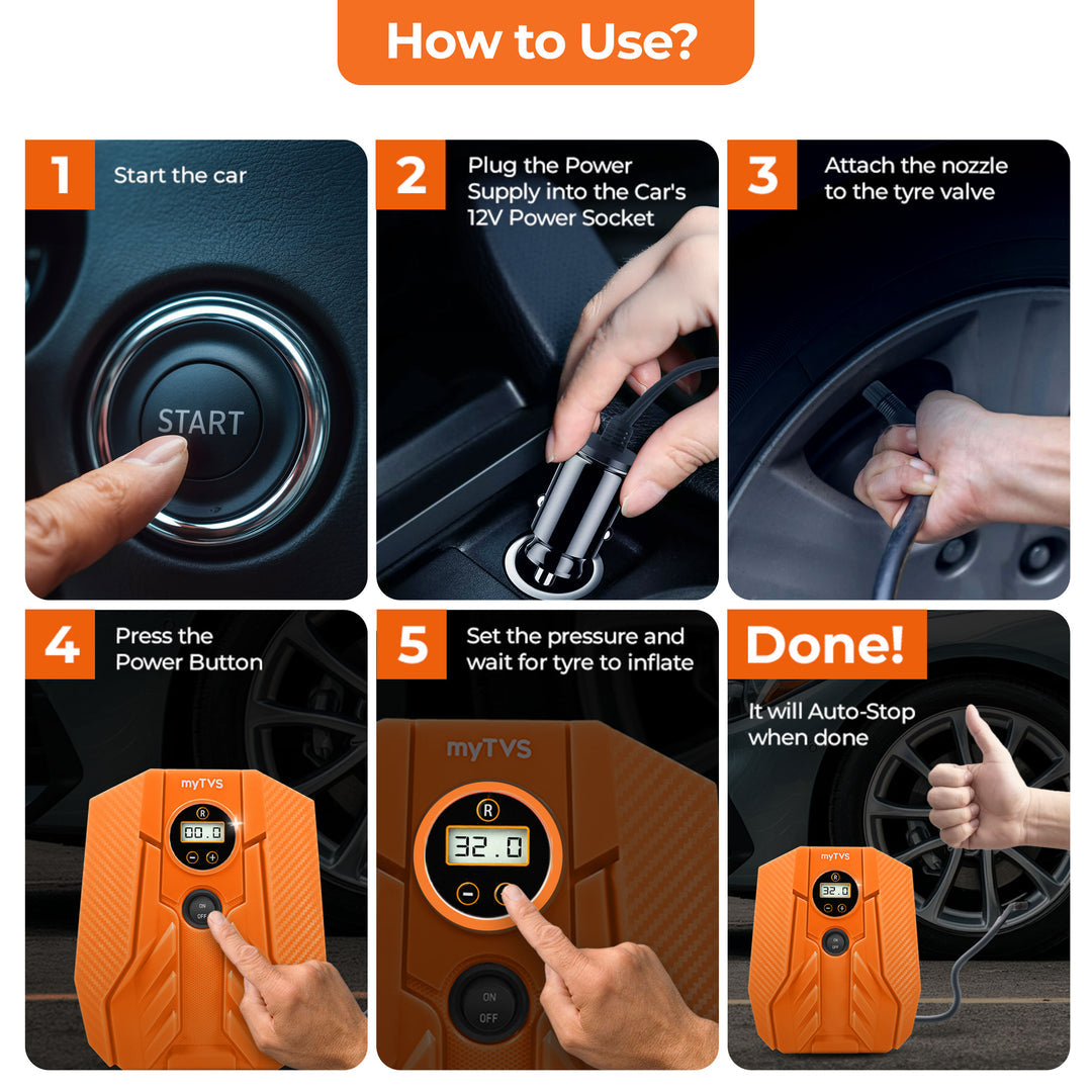 myTVS Digital Car Tyre Inflator TI-16 – Portable Air Compressor with Digital Display & Auto Shut-Off