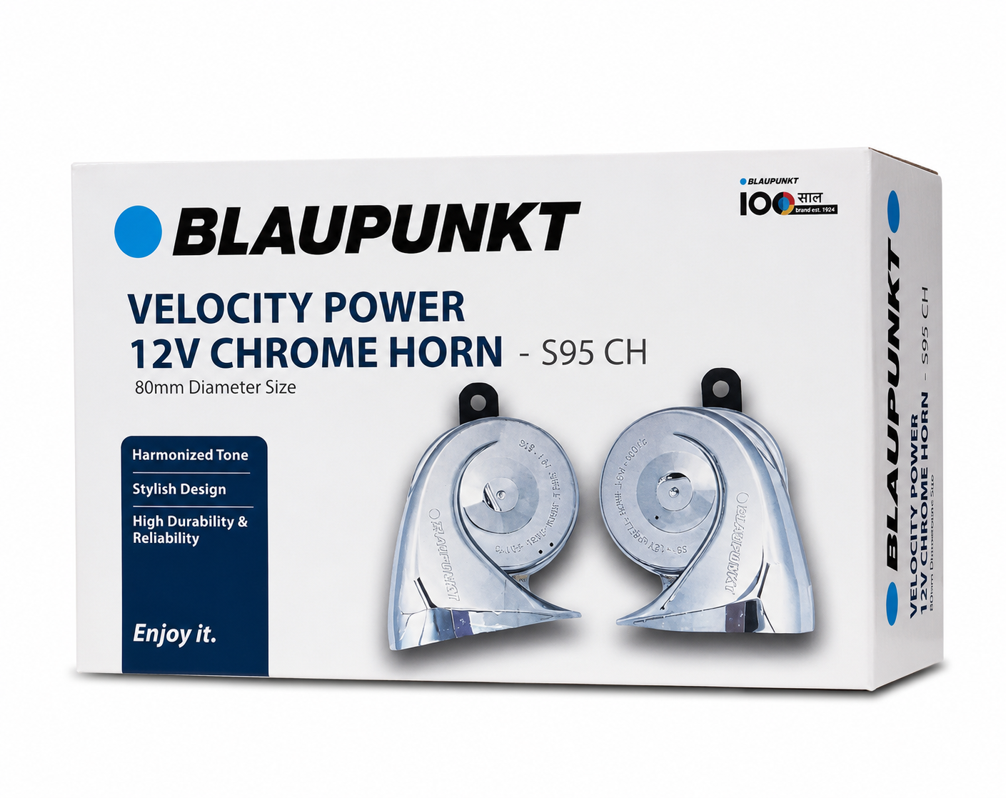 Blaupunkt Velocity Power S95 CH 12V Chrome Car Horn (80mm) – High & Low Tone Premium Vehicle Horn Set
