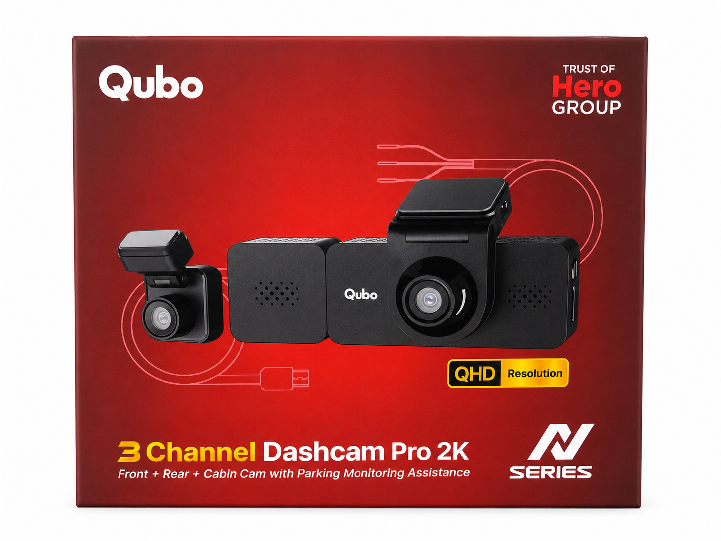 Qubo 3 Channel Dashcam Pro 2K Installed in Car | Front, Rear & Cabin Camera with Parking Monitoring