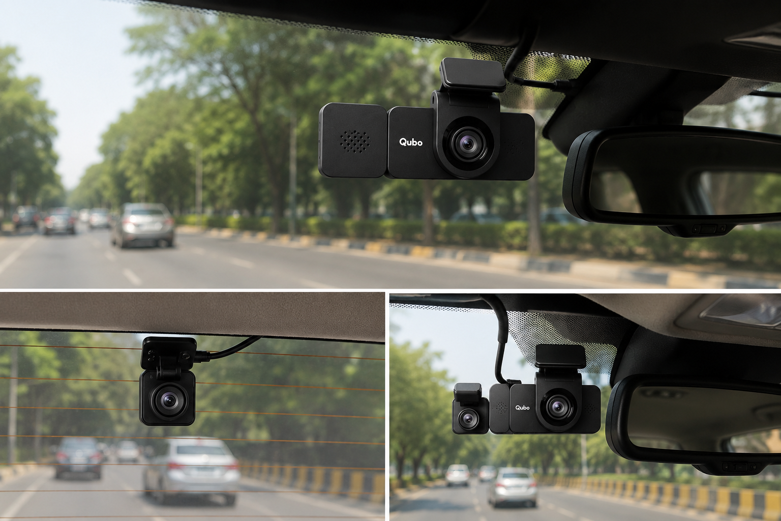 Qubo 3 Channel Dashcam Pro 2K Installed in Car | Front, Rear & Cabin Camera with Parking Monitoring