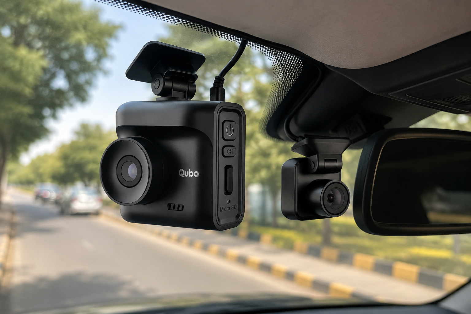 Qubo Smart Dashcam Pro 2.7K + Rear Camera | Dual Channel QHD+ Car Dash Camera with Parking Monitoring