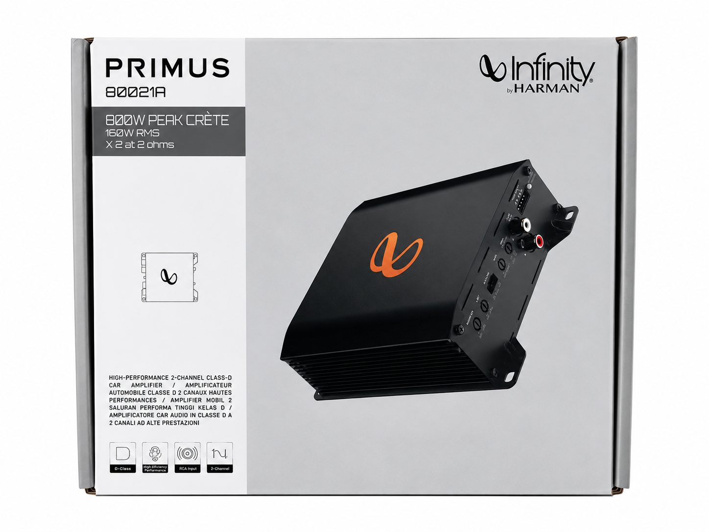 Infinity Primus 8002A 2-Channel Class-D Car Amplifier | 800W Peak Power | Compact Car Audio Amplifier