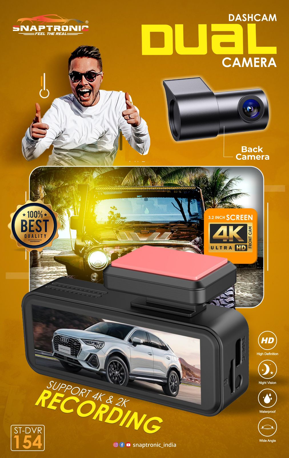 Snaptronic ST-DVR 154 Dual Dashcam (4K Ultra HD + Rear HD Camera)