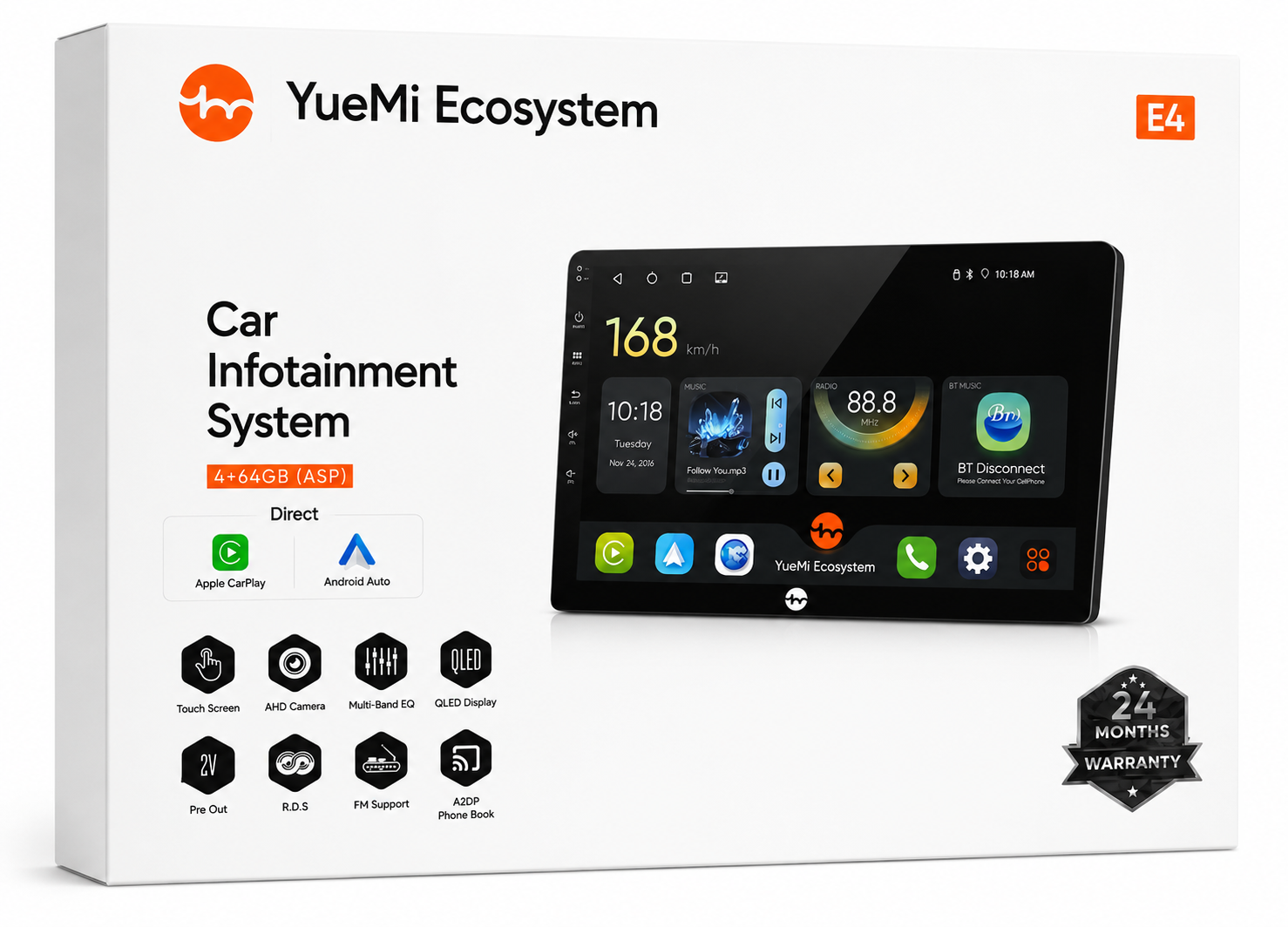 YueMi Ecosystem E4 Car Android Infotainment System 4GB RAM + 64GB ROM | Wireless Apple CarPlay & Android Auto | QLED Display