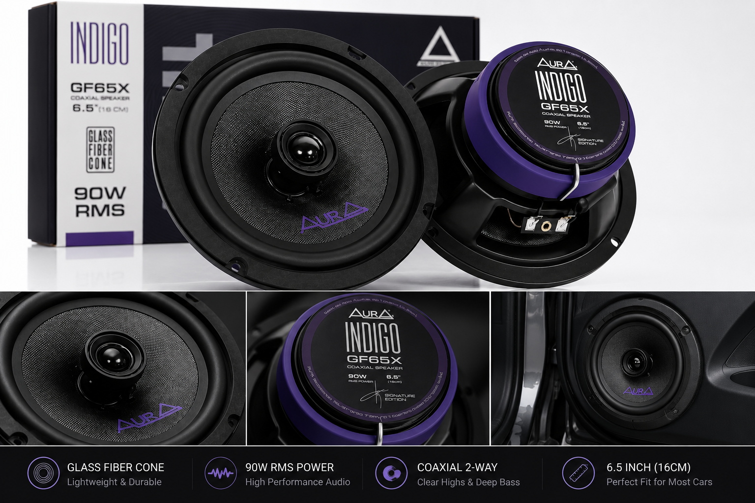 Aura Indigo GF65X 6.5” Coaxial Car Speakers | 90W RMS | Glass Fiber Cone | Premium Sound Quality | 2-Way Car Audio Speakers (Pair)