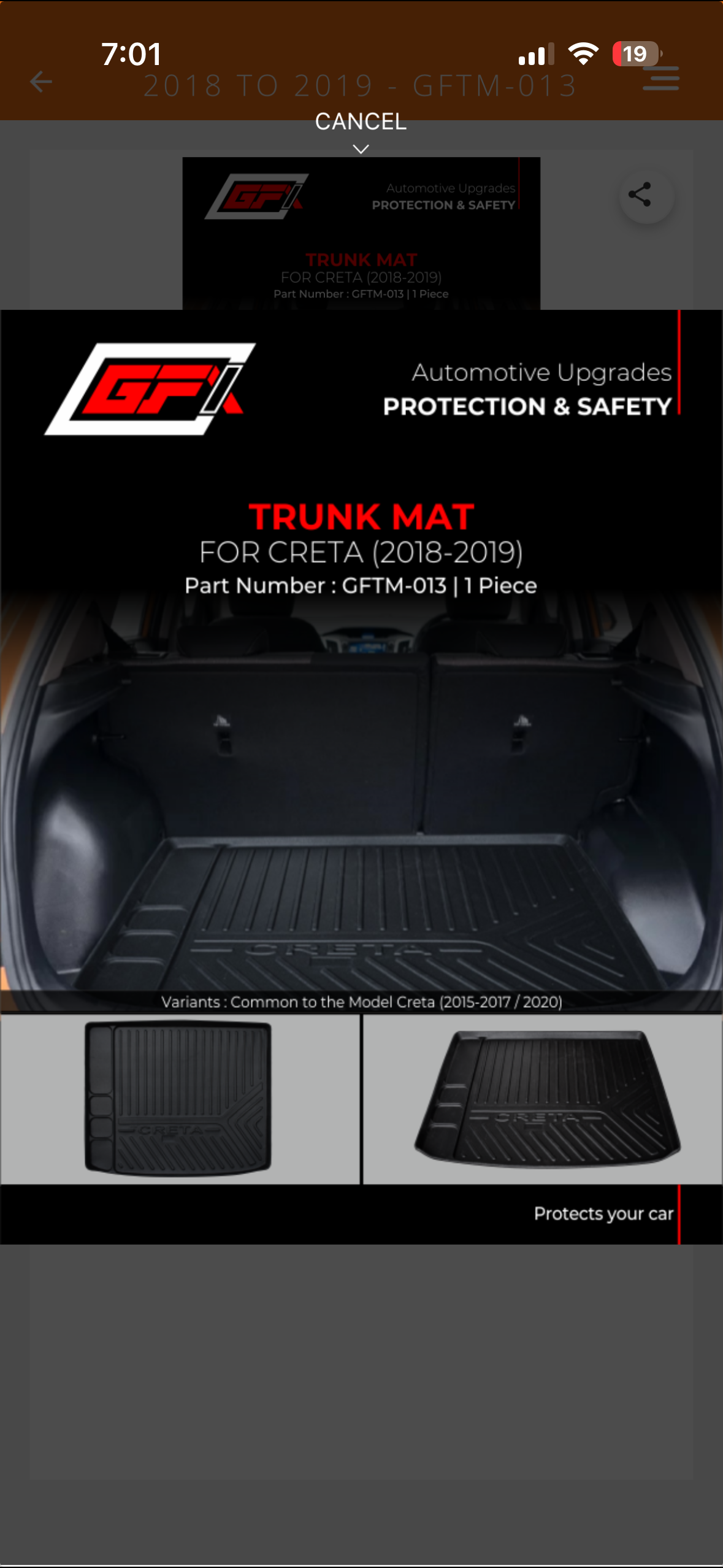 GFX Premium Trunk Mat for Hyundai Creta 2018–2019 | Custom Fit Waterproof Boot Mat | Heavy Duty Cargo Liner