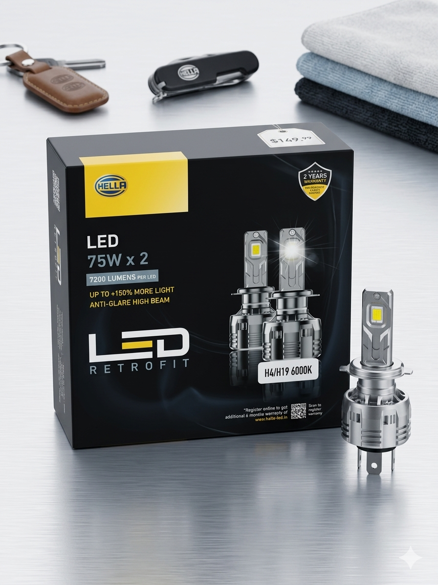Hella H4/H19 LED Retrofit Headlight Bulb Kit (75W, 7200 Lumens, 4300k warm wight ) – Pack of 2