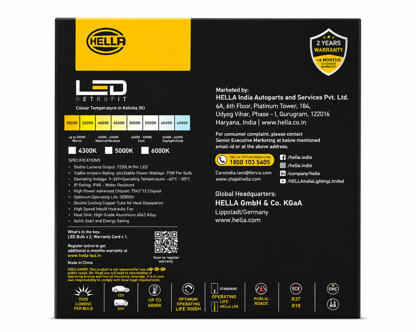 HELLA LED Retrofit 75W x2 LED Headlight Bulbs | 4300K Warm White | 7200 Lumens | Premium Car LED Kit
