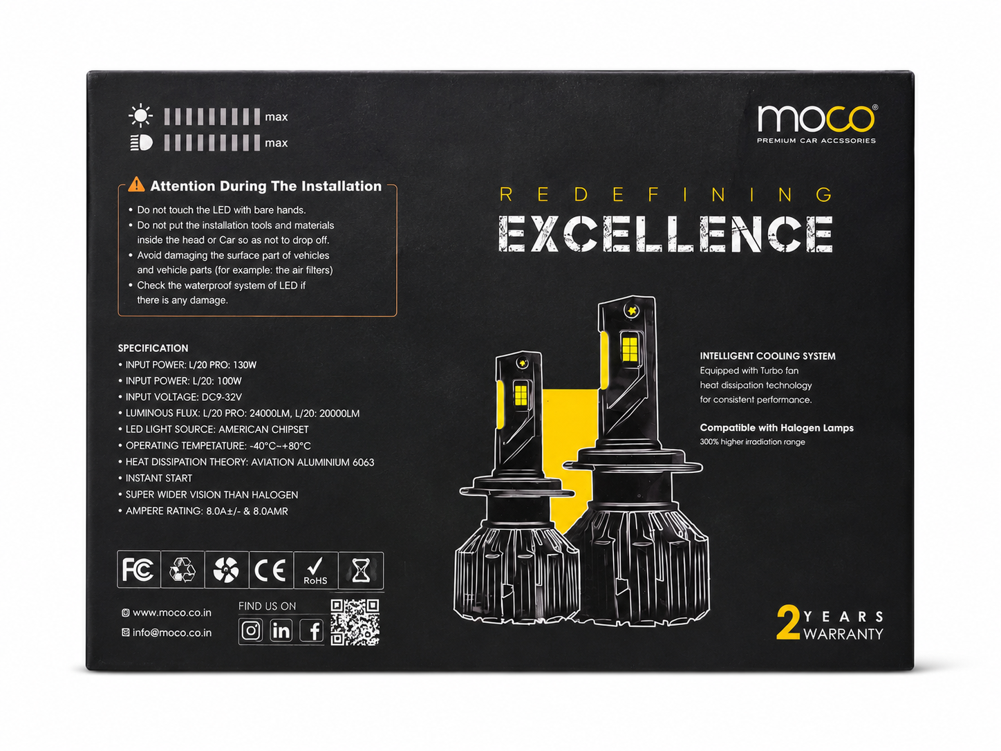 MOCO L-20 Pro LED Headlight Bulbs 200W (Pair) | 24000 Lumens | 4300k  warm White | Premium Car LED Lights