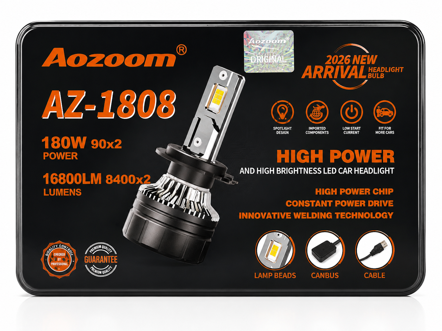 AOZOOM AZ-1808 180W LED Headlight Bulbs 4300K Warm White (Pair) | 16800LM | Premium Car LED