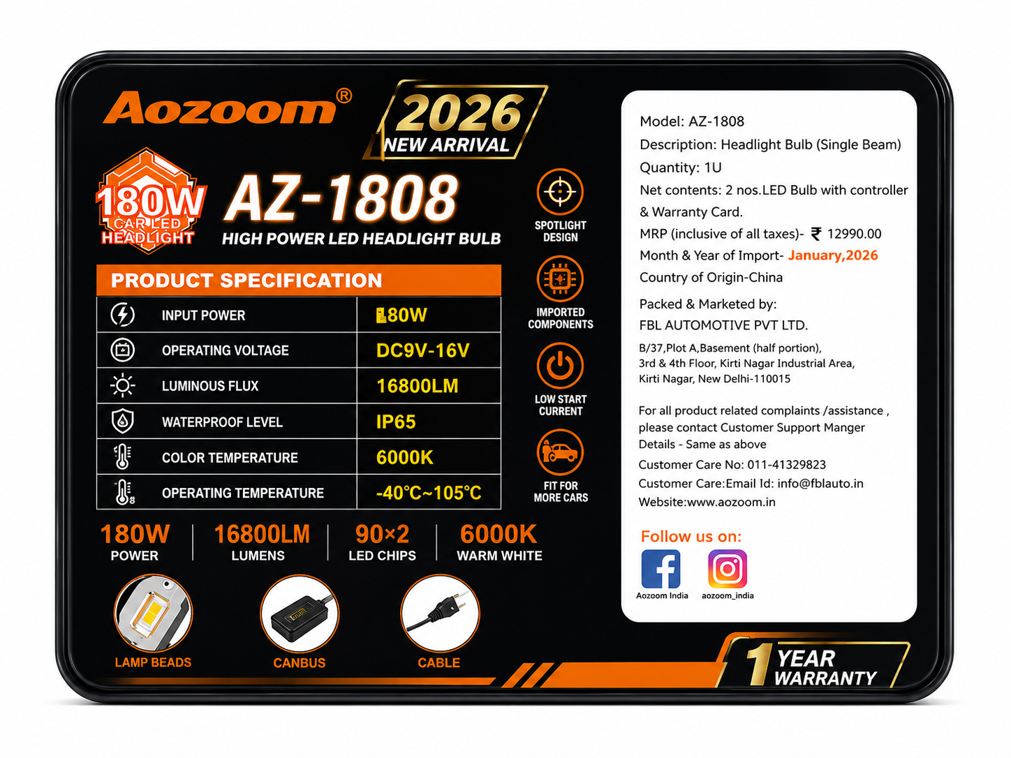 AOZOOM AZ-1808 180W LED Headlight Bulbs 4300K Warm White (Pair) | 16800LM | Premium Car LED